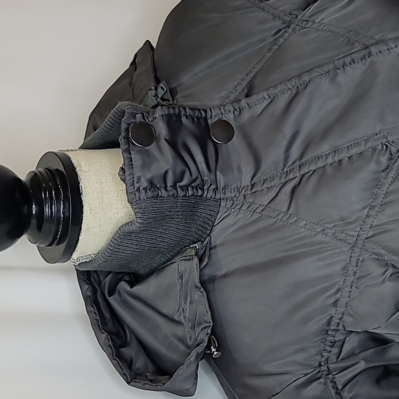 JACOB Bow Tie Hood Fitted Puffer Long Jacket Warm Charcoal - Picture 7 of 9